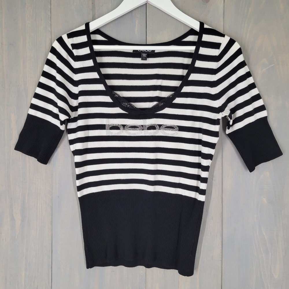 Bebe Knit Top Women L Black White Striped Rhinestone Logo Lace Trim Scoop Neck